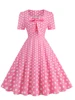 Retro Pink Polka Dot Print Bow Women Summer Dress 2025 Vestido 50s 60s Vintage Square Collar Short Sleeve Party Dresses Ladies