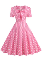 Retro Pink Polka Dot Print Bow Women Summer Dress 2025 Vestido 50s 60s Vintage Square Collar Short Sleeve Party Dresses Ladies