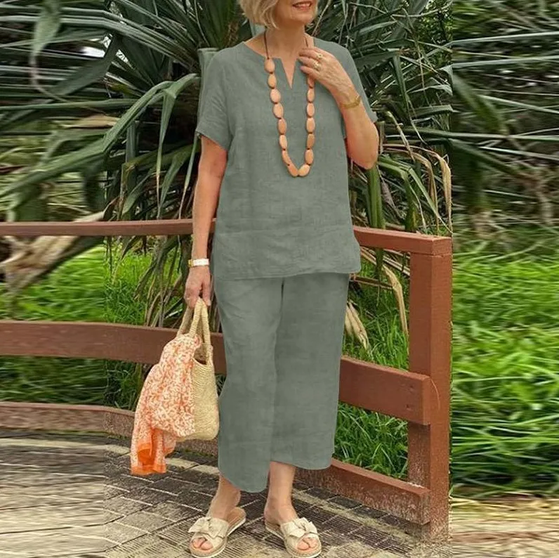 Women Summer Vintage Pure Color Loose Suits