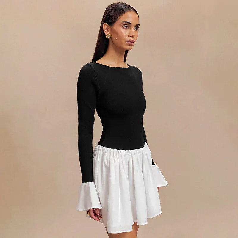 Ruffled Contrast Casual Mini Dress Women's Patchwork High Waist Elegant Fashion Party Dress Female Y2k Mini Dress New