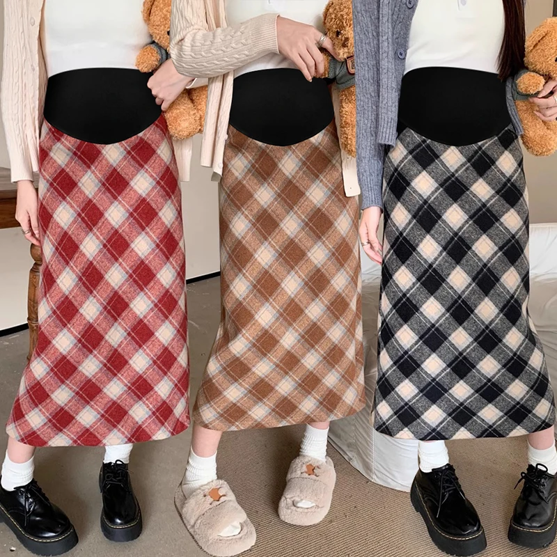 Autumn Winter Vintage Check Woolen Skirts for Maternity Elastic Waist Plaid Pencil Long Bottoms for Pregnant Women Pregnancy