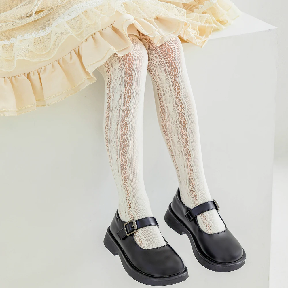 Girls Pantyhose kids pantyhose toddler tights kids leggings 1 Pairs for Summer Cute Kawaii Heart Breathable Hollow Out Baby Tights Beige Lolita Style Student Leggings