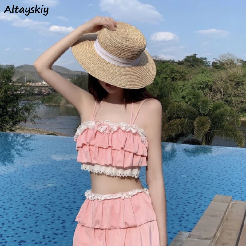 

Bikini Sets Women Kawaii Girlish Design Tender Teens Slim Chic Летние Beach Simple Feminino Daily Ruffles Japan Style Cool Sexy