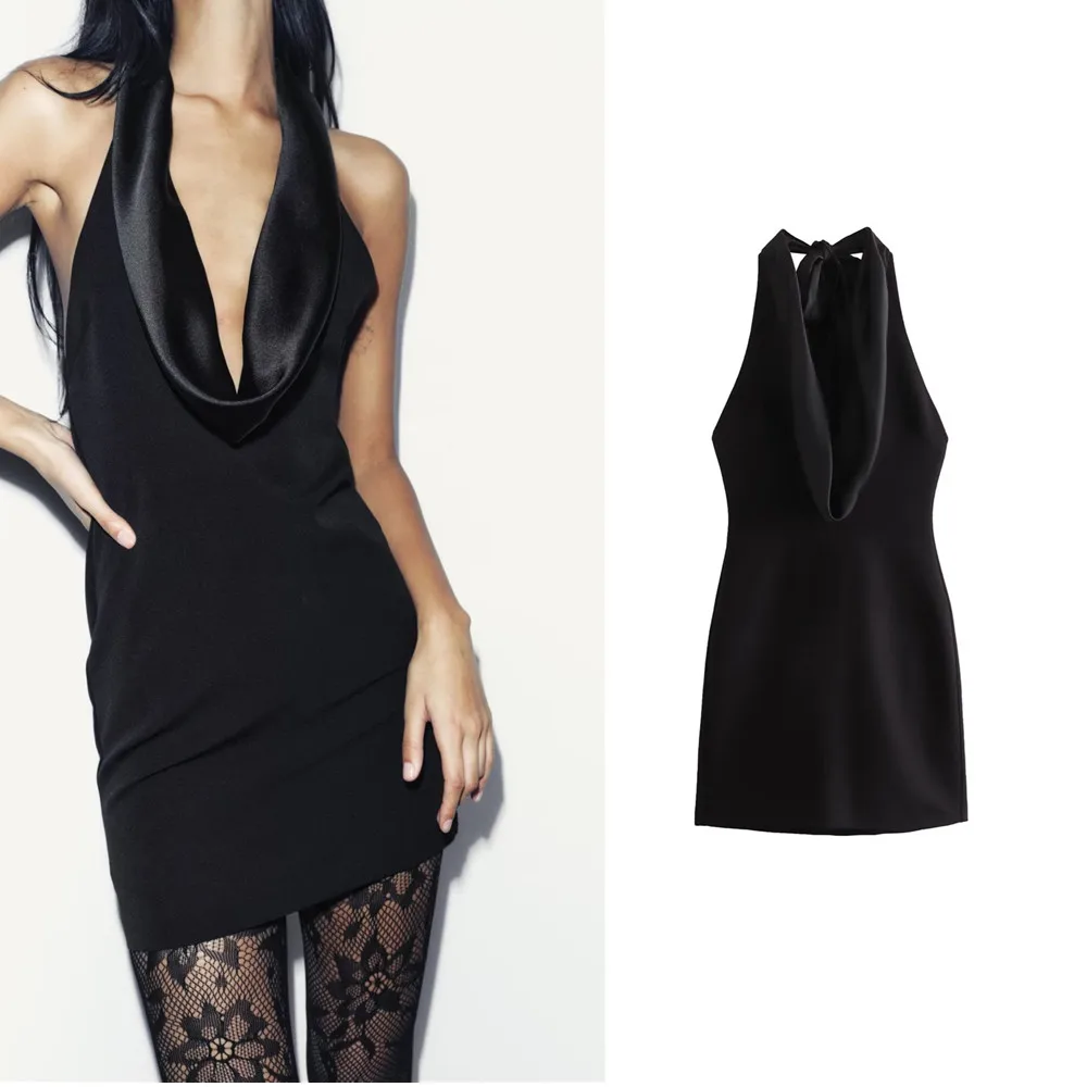 

New winter fashion women's sexy slim fit spliced bow backless halter neck black temperament mini dress 9194777