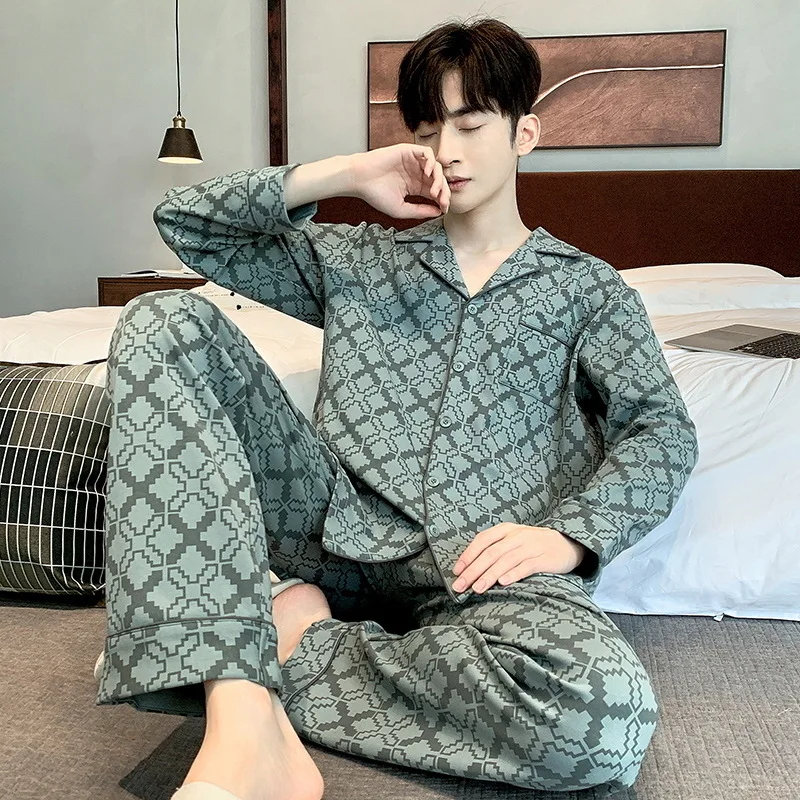 Spring Autumn Men's Pure Cotton Pajamas Long Sleeve Cardigan Pants Two Piece Set Loose Comfortable Casual Home Clothing