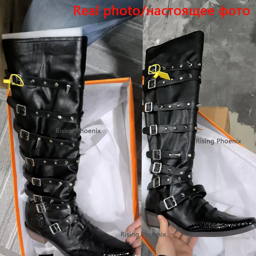 2024 New Punk Rivet Knee High Boots For Woman Pointed Toe