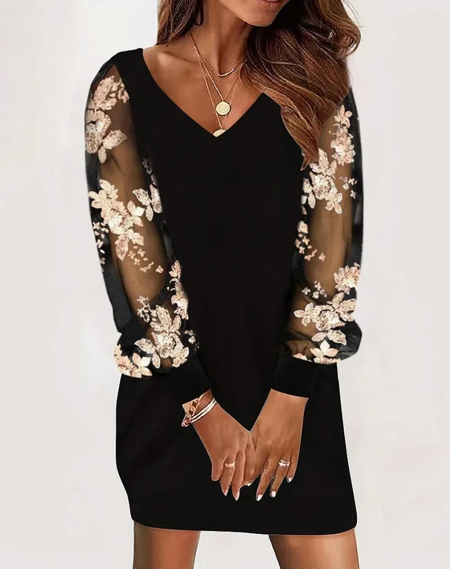 Elegant Mini Dress Women\'s Long Sleeve Midi Dress Autumn and Winter Fuzzy Cutout Lace Fashionable V-Neck Casual White Vestidos