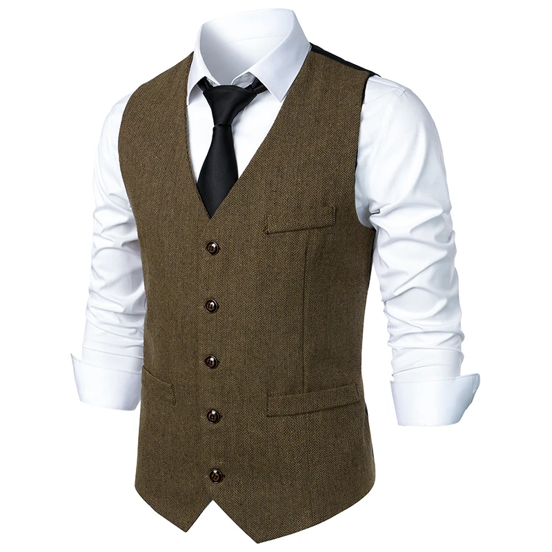 Mens Vest Slim Fit Sleeveless Wool Tweed Waistcoat Men Double Breasted Herringbone Tweed Vest Men Business Casual Gilet XXL dress vests