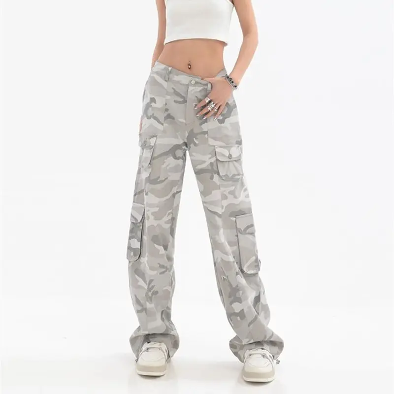 

Women's Grey Camouflage Cargo Pants Vintage Y2k Harajuku Streetwear Baggy Parachute Pants Aesthetic Wide Trousers 2000s Clothes