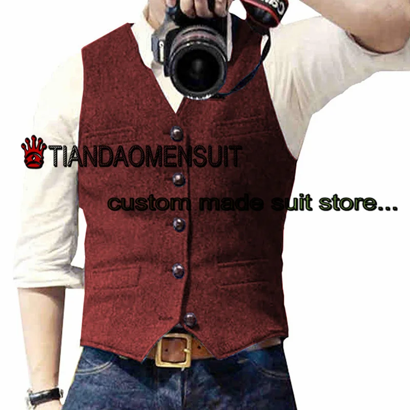 Men's Vest V-Neck Sleeveless Jacket Herringbone Wool Slim Fit Waistcoat Formal Steampunk Coat سترات بدون أكمام men s v neck suit vests fashion formal slim fit business dress vest waistcoat steampunk