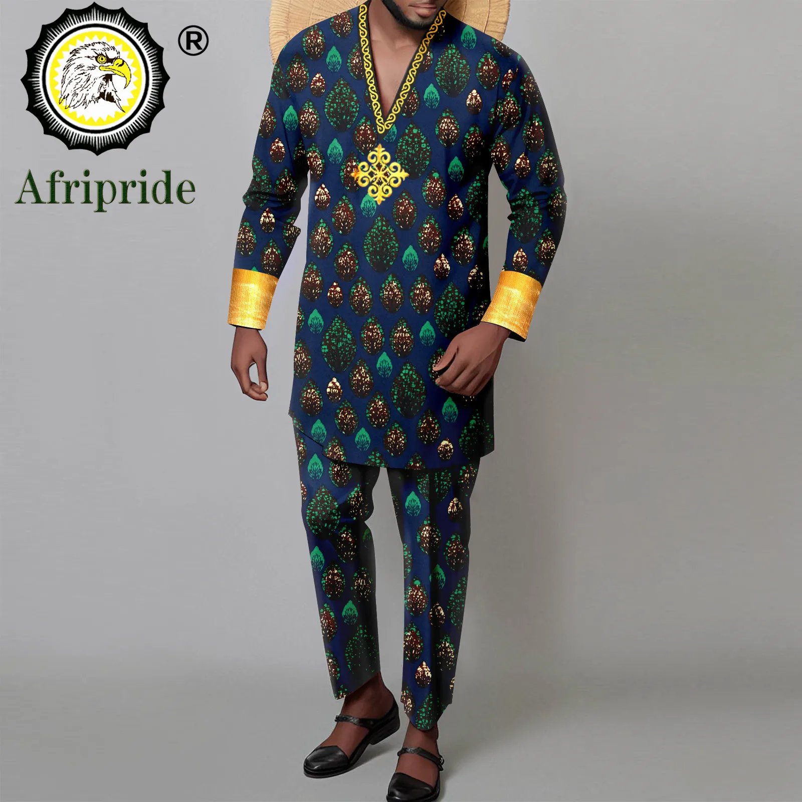 Tracksuit Men African Clothes V-neck Long Sleeve Embroidery Shirts and Pant 2 Piece Set Dashiki Attire Print Outfits A2316033