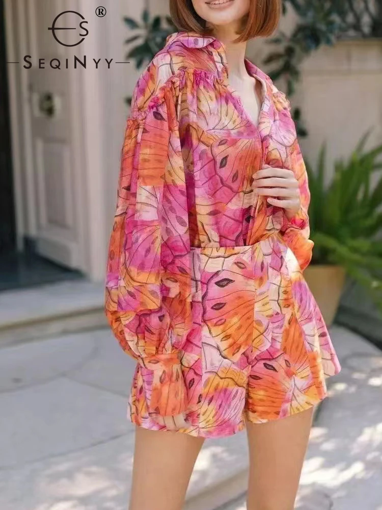 

SEQINYY Orange Suit Summer Spring New Fashion Design Women Runway High Street Shirt + Shorts Casual Vintage Flower Print