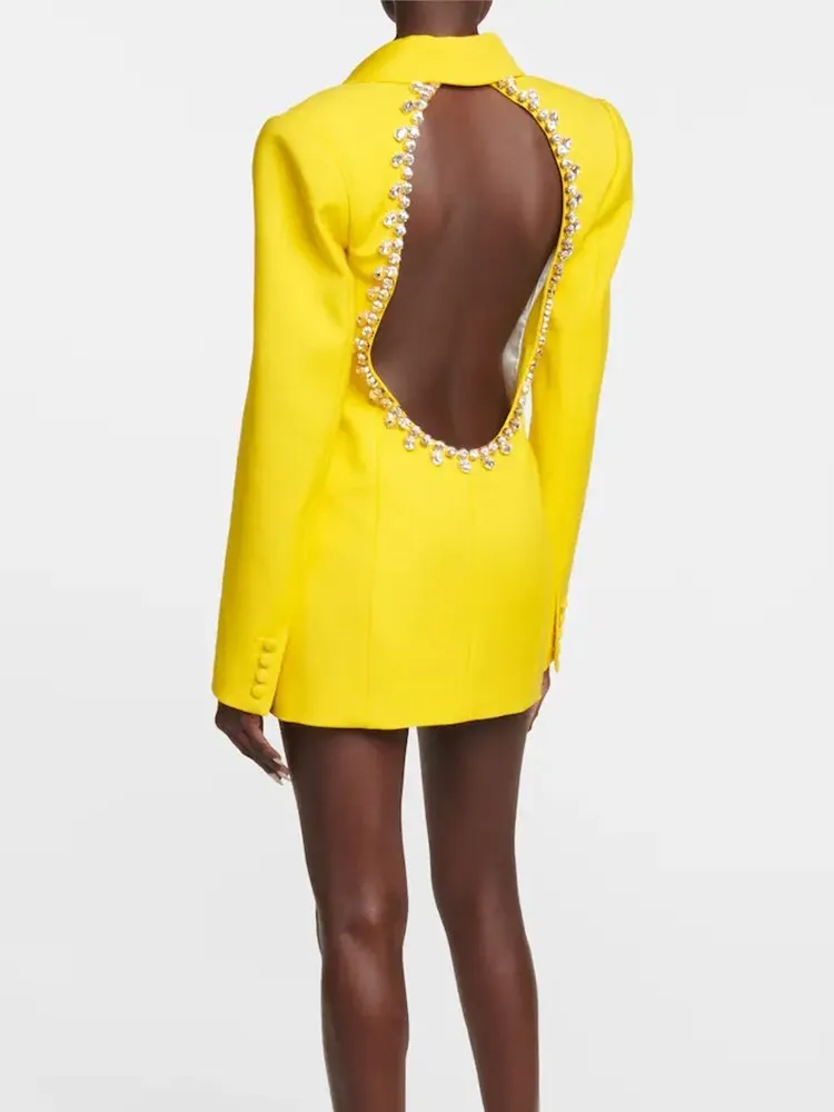 BPN Hollow Out Backless Blazers For Women Notched Collar Long Sleeve Spliced diamonds Casual Blazer Female Fashion clothing new