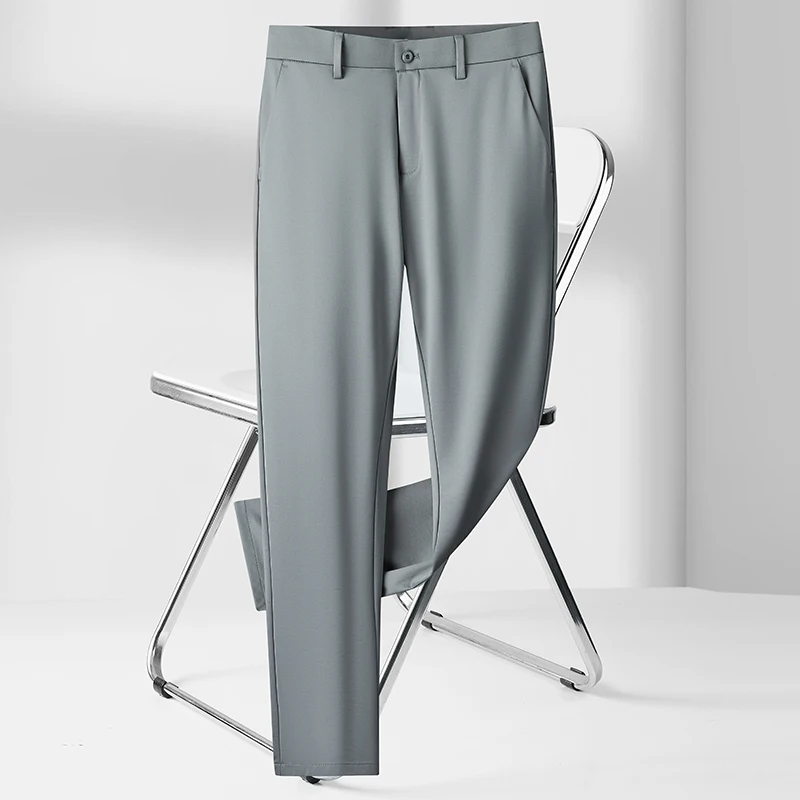 Draping Ice Silk Summer Thin Casual Pants Men's Straight High-End Slim Elastic Breathable Soft Business Trousers 5