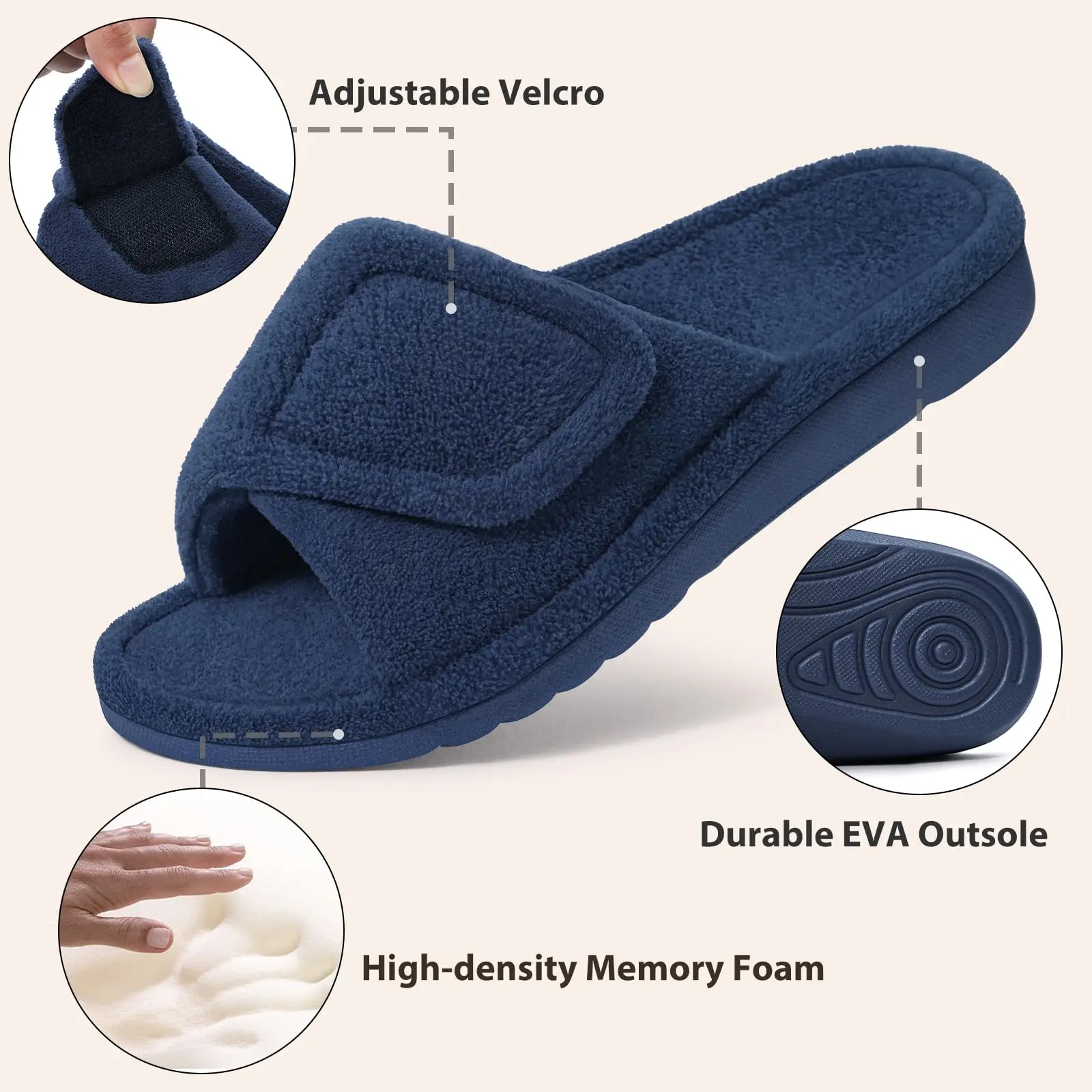 Comwarm Winter Damen Orthopädische Hausschuhe aus Korallenfleece mit Fußgewölbeunterstützung, Klettverschluss, verstellbare offene Zehenschuhe für Plantarfasziitis – Detail 11