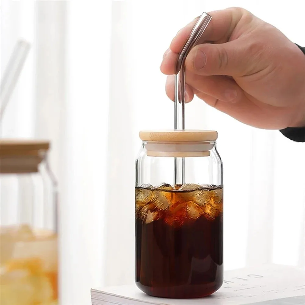 Transparent Can Shape Glass Cups With Glass Lid And Straw Ice Coffee Cup  Glass