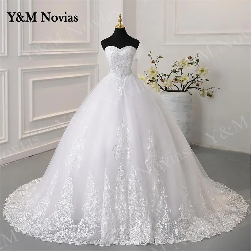 

Y & M Novias Роскошные кружевные цветочные милые белые цвета слоновой кости модные сексуальные без бретелек Свадебные платья для невесты бальное платье реальное фото