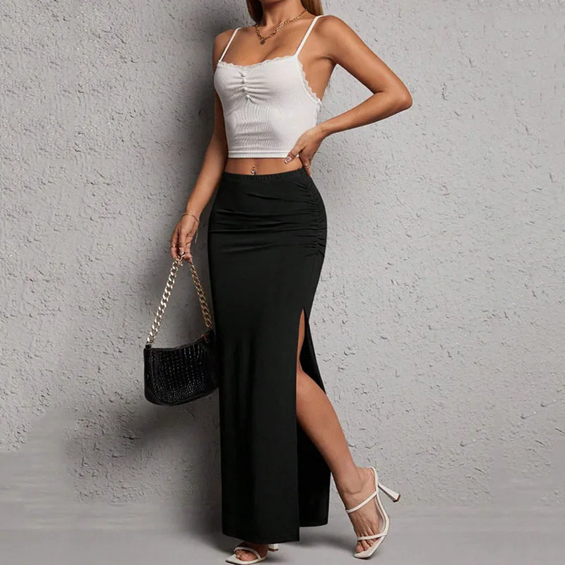 Lucyever Sexy Black Bodycon Skirt for Women Elegant Chic Side Split Long Skirts Woman Summer 2025 New High-Waisted Midi Skirts 4