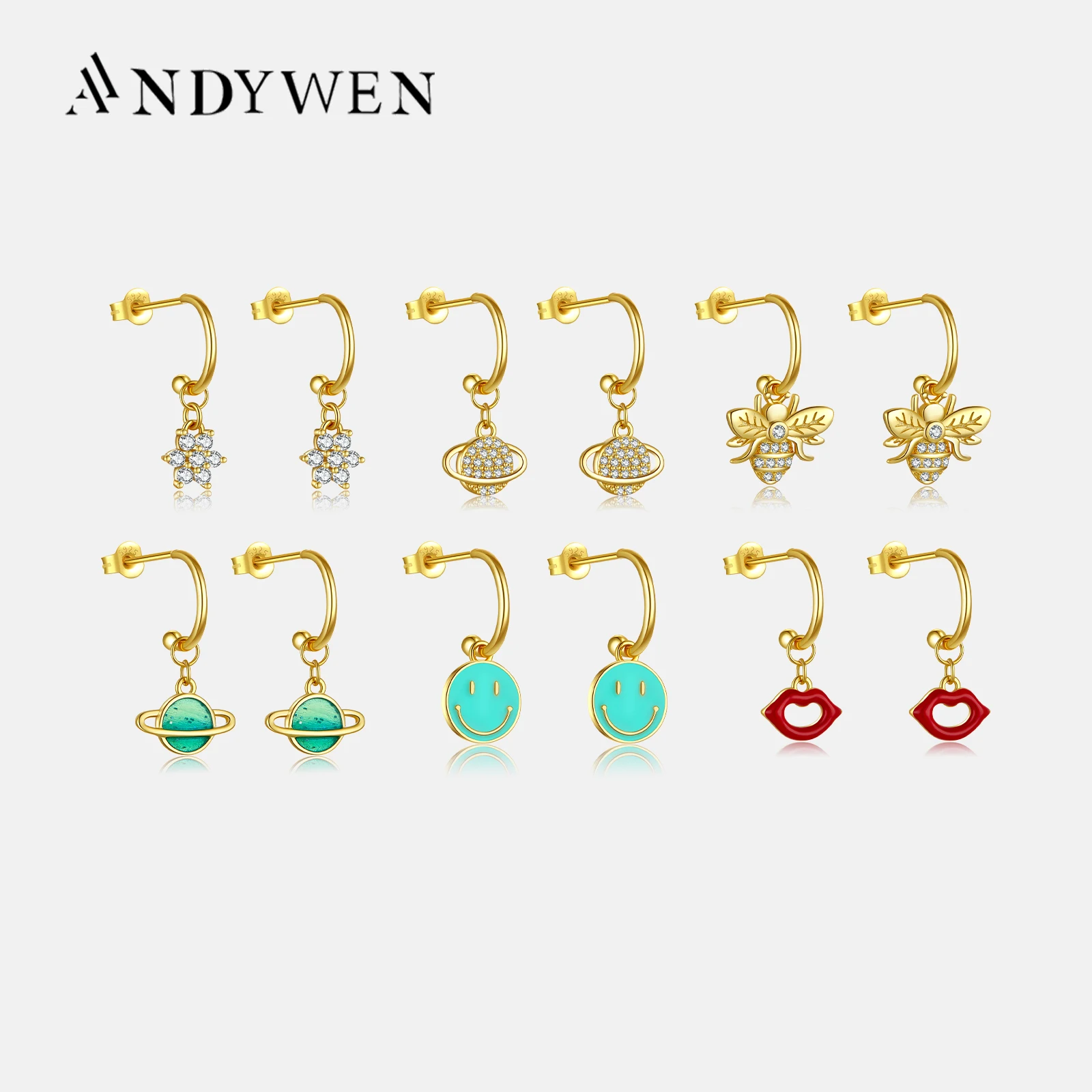 

ANDYWEN 925 Sterling Silver Gold 8.5mm Gold SHINY PLANET EARRING Loops Circlr Drop Earring Zircon CZ Charm Luxury Jewels