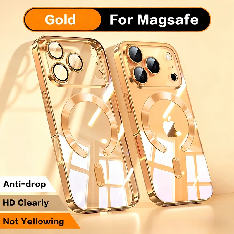 Elegant Fashion Orange Magnetic Clear Case with Wireless Charging Compatibility - Plating Soft Business Cover