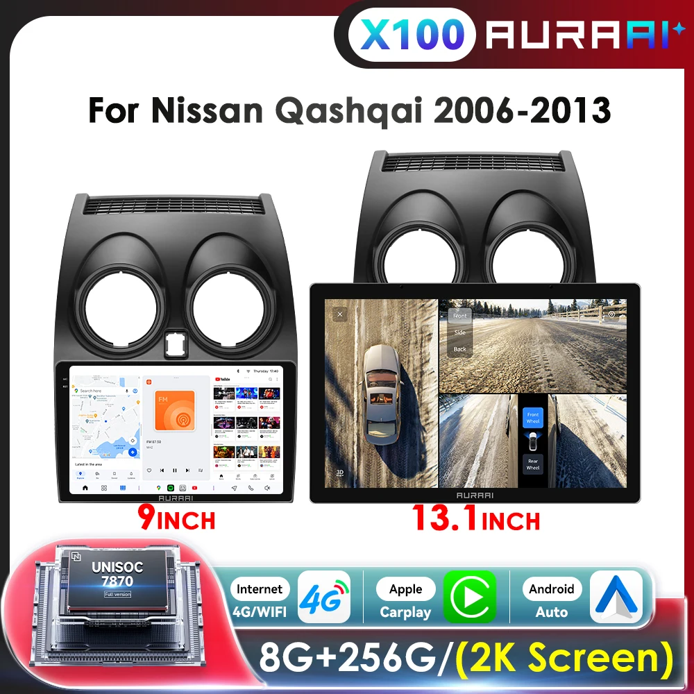 AURAAI Autoradio-Multimedia-Player für Nissan Qashqai 2006–2013, GPS-Navigation 7870, 2K-Bildschirm, kabelloses Carplay, Android Auto ADAS