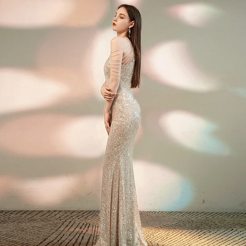 Fishtail Tassel Women's Evening Dress Annual Meeting Banquet Elegance Hanging Neck Shoulder Sequins Host Slim Fit Girl
