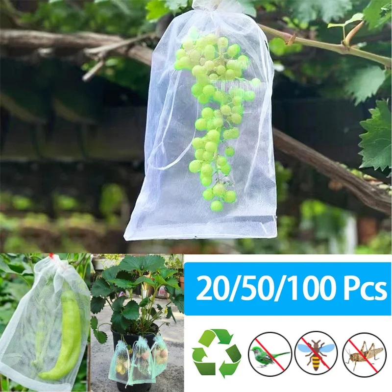1-100pcs Strawberry Grapes Fruit Grow Bags Netting Mesh Vegetable Plant Protection Bags For Pest Control Anti-Bird Garden Tools