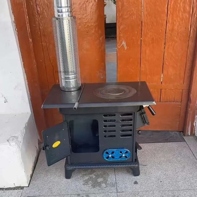 เตาผิงเหล็กหล่อแบบย้อนยุคสำหรับใช้ในบ้าน พร้อมปล่องไฟ เตาเผาไม้สำหรับบ้านพักตากอากาศ เต็นท์ และลานบ้านสไตล์ฝรั่งเศส 1