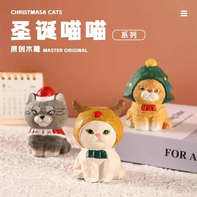 

Handmade Wooden Carving Christmas Cat Series Desktop Car Decoration Cartoon Cat Simulation Cute Gift Wooden Crafts