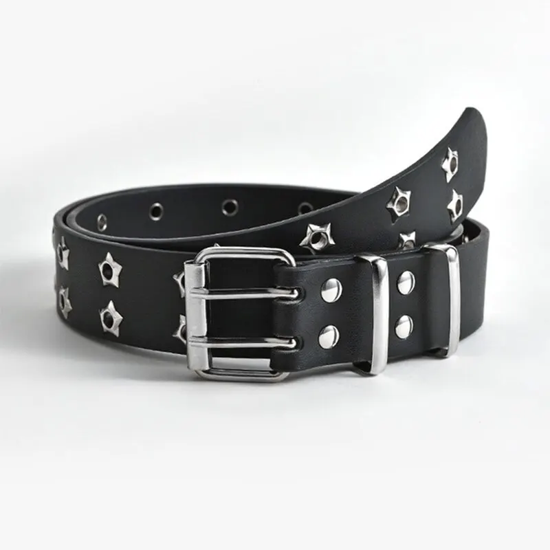 Star Eye Rivet Belt Double Pin Buckle For Women Men Pu Leather Waistband waist belt,leather belt,pu leather belt,pin buckle belt