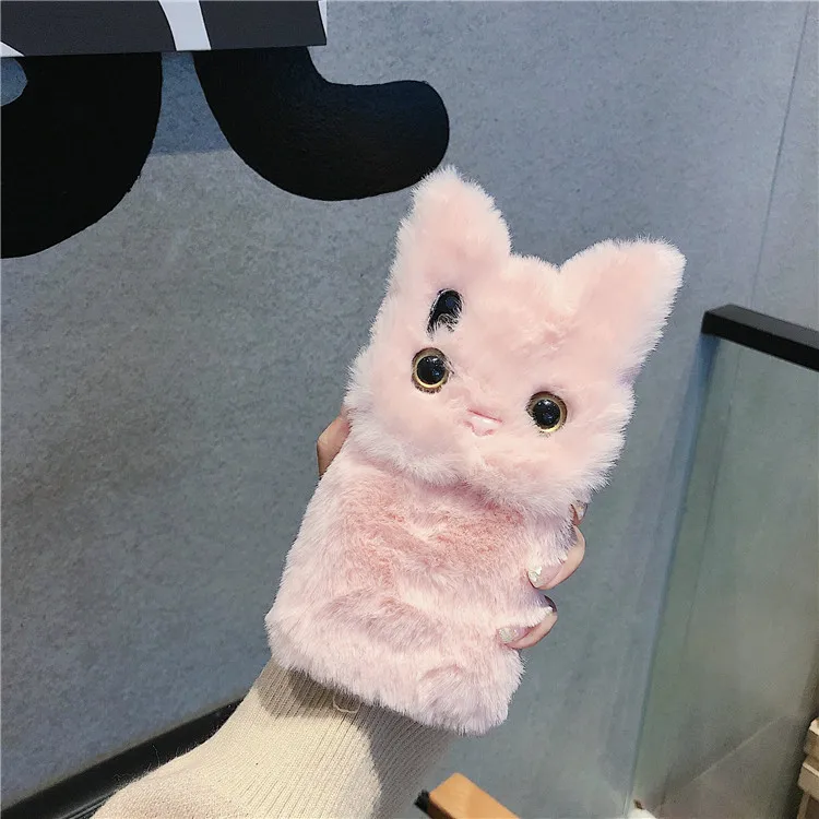 Cute 3D Cartoon Cat Furry Plush Shockproof Phone Case Cover