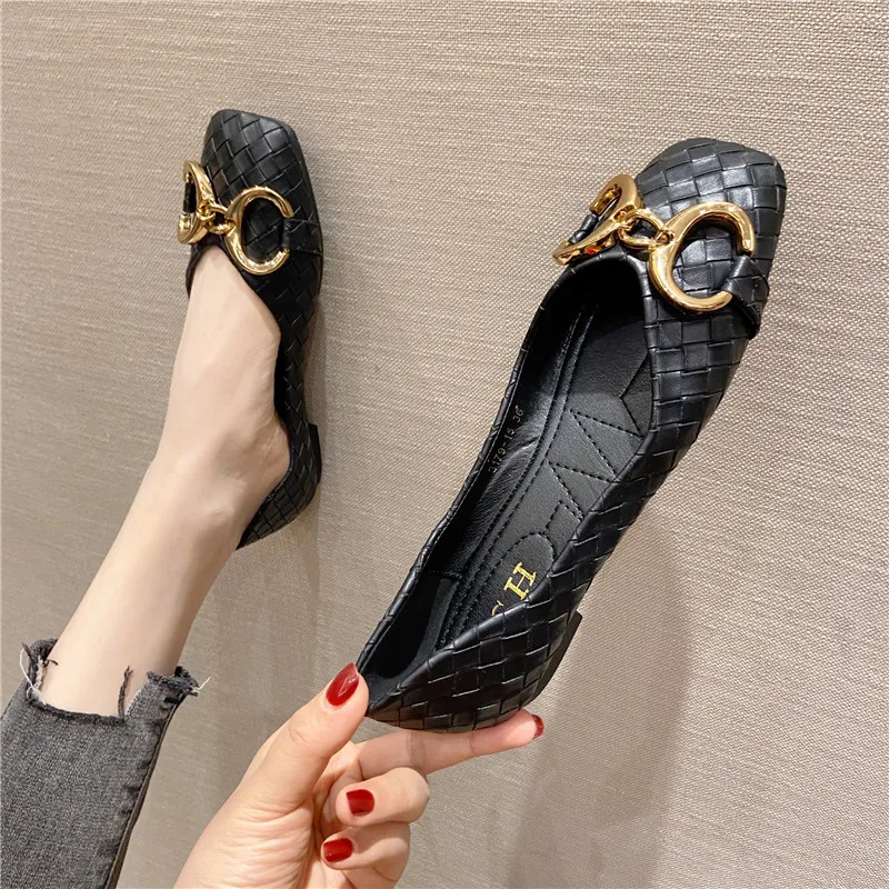 

Luxury Flats Single Shoes Comfortable Soft Sole Ballet Shoes Pregnant Women's Shoes Square Head Woven Women's Flat Large Shoes