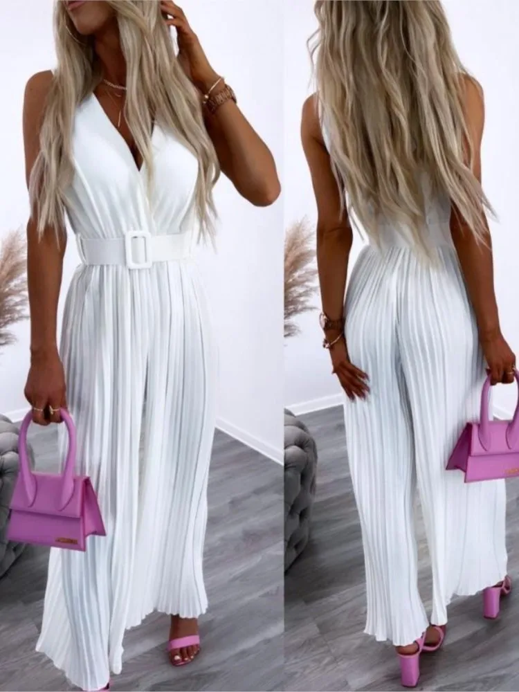 

Elegant Long Jumpsuits Woman 2023 Summer New Fashion Sexy V-Neck Wide Leg Pleated Jumpsuit Solid Casual One Pieces-With Belt
