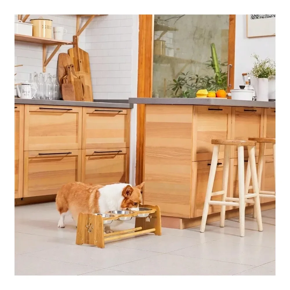 Adjustable Bamboo Raised Dog Bowl Set – Food & Water Stand 5