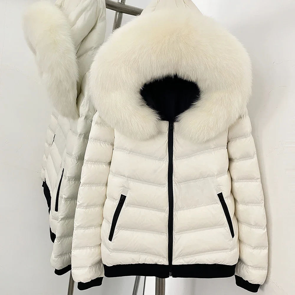 OFTBUY Quilted Zipper Pockets Women Short Down Jacket Goose Down Coat with Real Fox Fur Hood New Winter Puffer Coat Female