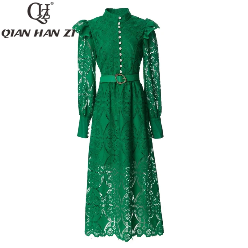 

QHZ Fashion Embroidery Vintage Long Dress Women lantern sleeves Ruffle button flower Hollowed luxury Belt slim Party Maxi dress