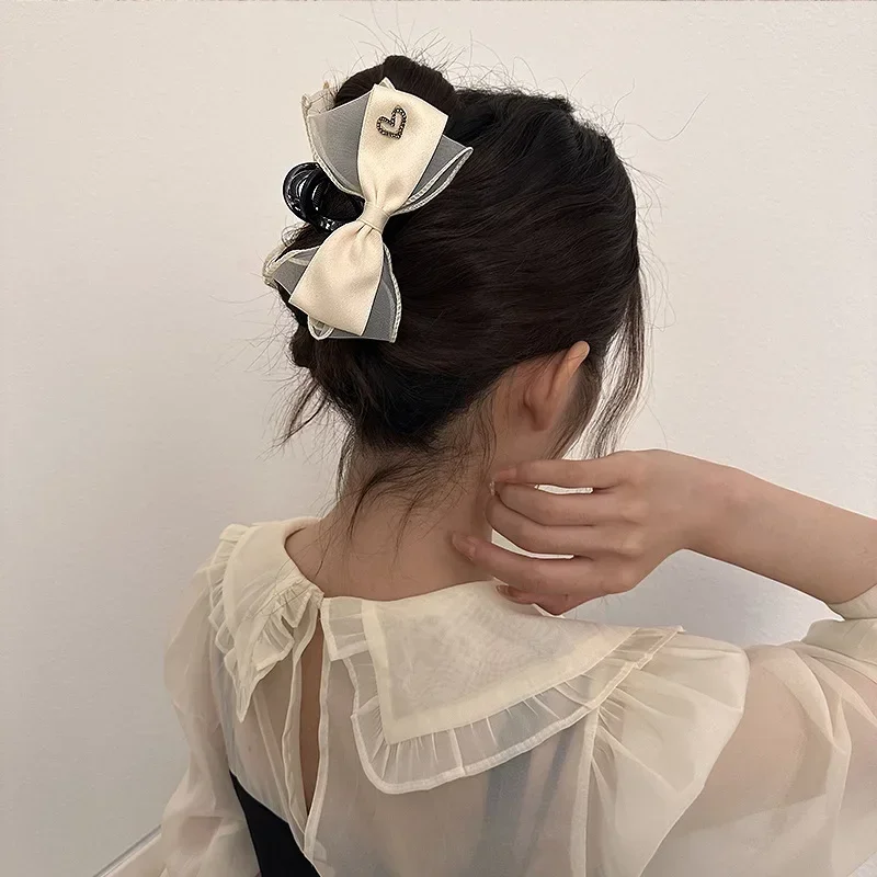 Mesh Lace Big Bow Hair Claw Clamp Ribbon Black White Two-sided Hair Clip Claw Clamp Headwear Girls Women Hair Style Accessories