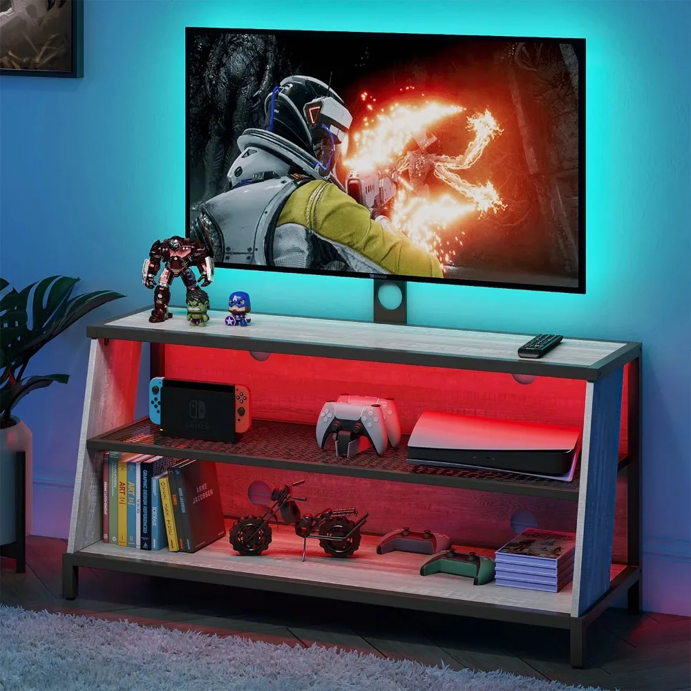 

RGB TV Stand for TVs Up To 65" with LED Lights & Wall Mount, White Wash Finish Tv Cabinet Living Room Furniture