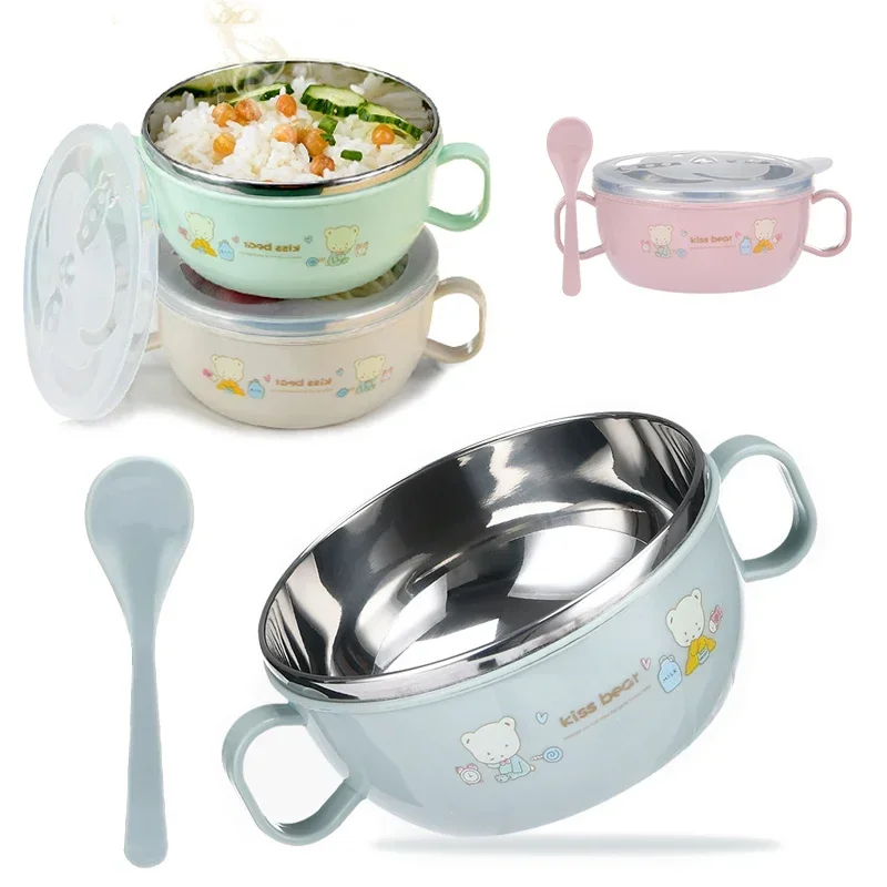 Baby Feeding Bowl Stainless Steel Insulation Bowl Spoon Set Children Tableware Cartoon Printed Children Food BPA Free 300ml baby tableware set