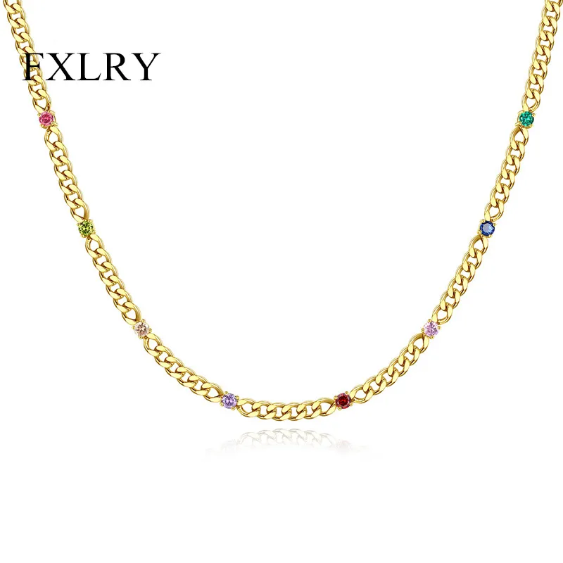 FXLRY Fashion Gold Color Colorful Zircon The Chain Of Tennis Stainless Steel Necklace For WomenFashion Girl Party Jewelry