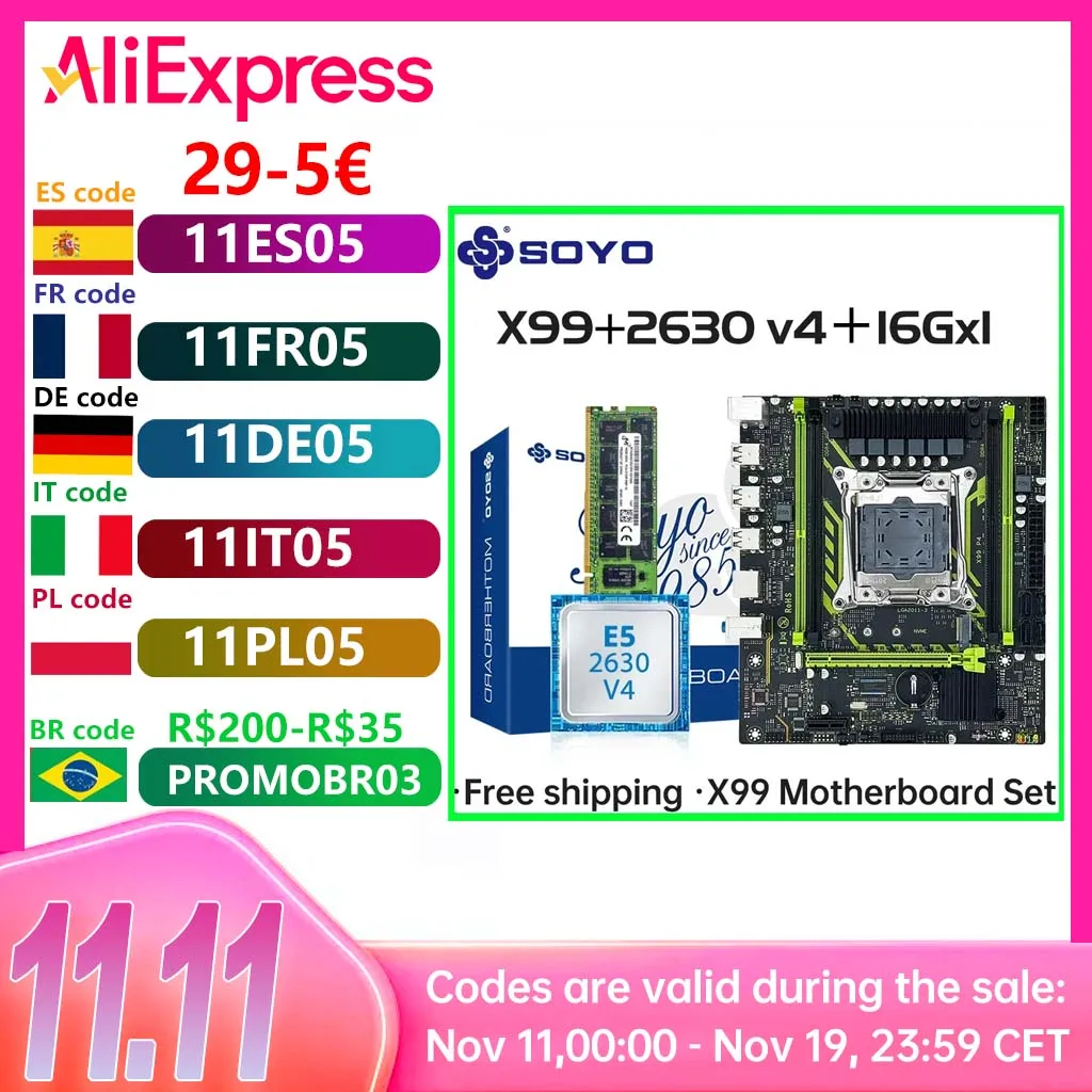 SOYO Motherboard Set X99, LGA2011-3 Xeon E5 2630 V4 CPU DDR4 16GB 1x16GB 2133MHz RAM NVME M.2 SATA Computer Accessory