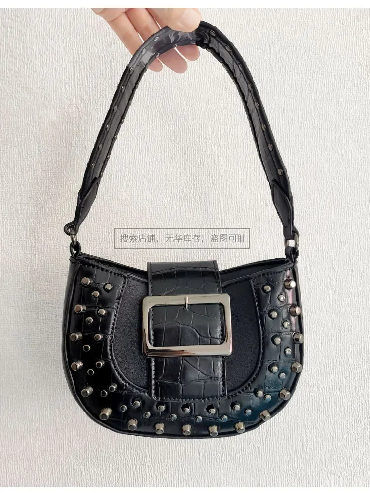 Fashion Women Shoulder Armpit Design Underarm Bag Rivet Saddle Solid Color Messenger Bag Hobos Handbags Y2K Purse