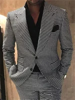 2 Piece Plaid Men Suits for Wedding Houndstooth Checkered Groom Tuxedos Male Fashion Clothes Costumes Set Jacket with Pants 1