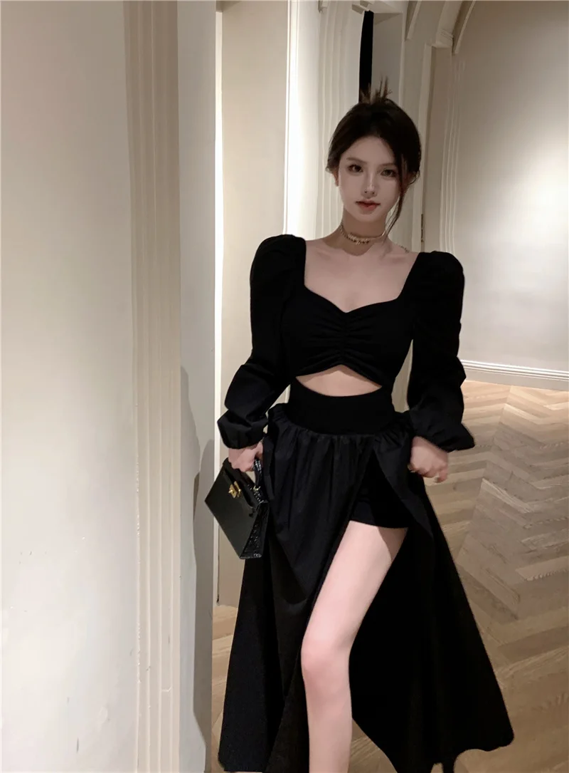 Elegant Black Long Dresses for Women Long Sleeve Square Collar Hollow Out High Slit Evening Party Dress Prom Robe Vestidos Mujer
