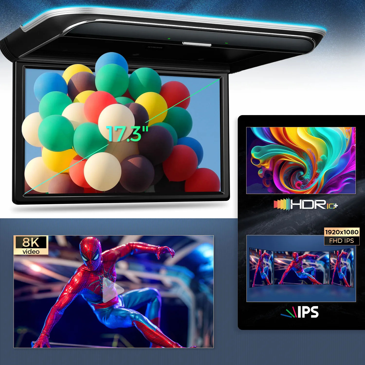 XTRONS 17.3" Android Monitor TV 1080P Video HD Digital IPS Wide Screen Ultra-thin Mounted Car Roof Player HDMI-Compatible FM USB
