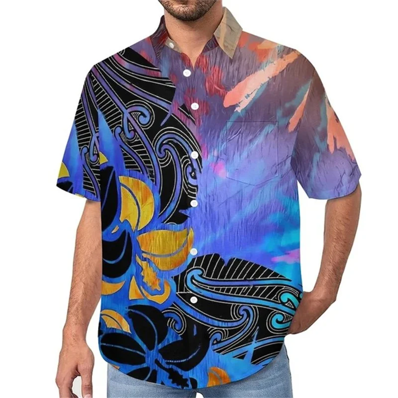 Bright dye lapel shirt Men's rainbow Print Casual shirt Hawaiian short sleeve graphic Fashion oversized beach shirt gift