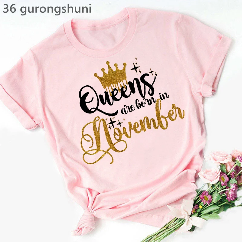 T-Shirt Da Donna Di Moda Estiva Corona D'Oro Regina Nata A Gennaio A Dicembre Maglietta Con Stampa Grafica Magliette Regalo Di Compleanno Femme