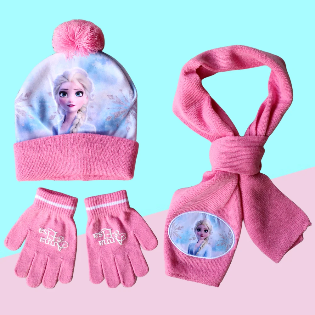 New Autumn Winter Children Hat Elsa Classics Disney Princess Cartoon Cap Scarf Hat Glove Warm knitted hat Girl Christmas Hat 6