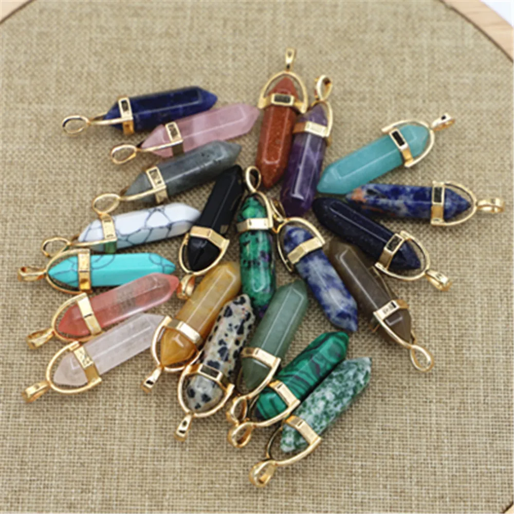 High Quality Assorted Natural Stone Mixed Pillar Point Pendant Amethy Charms Chakra Necklace Wholesale 12Pcs/Pack Free Shipping