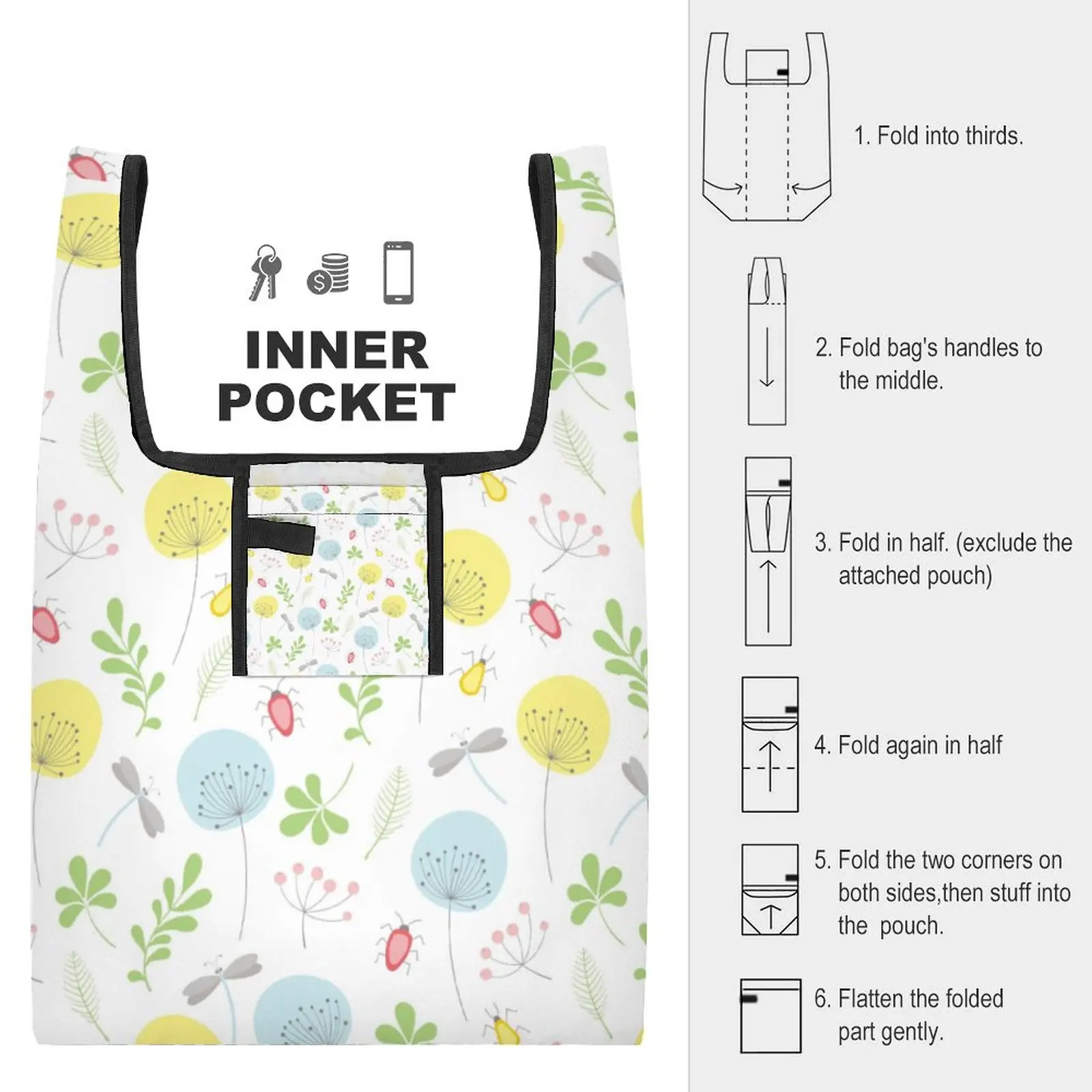 Custom Pattern Women Foldable Shopping Handbags Colorful Flower Painting Lightweight Bag Travel Portable Collapsible Bags